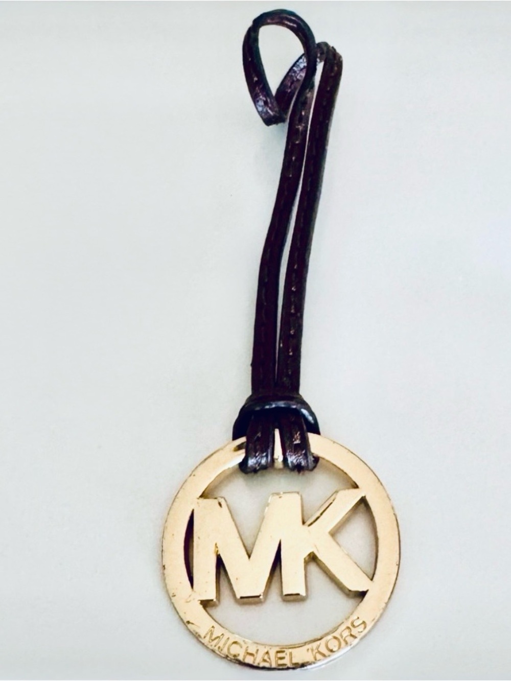 Michael Kors Gold MK Logo Charm with Brown Leather Strap Handbag Fob Tag